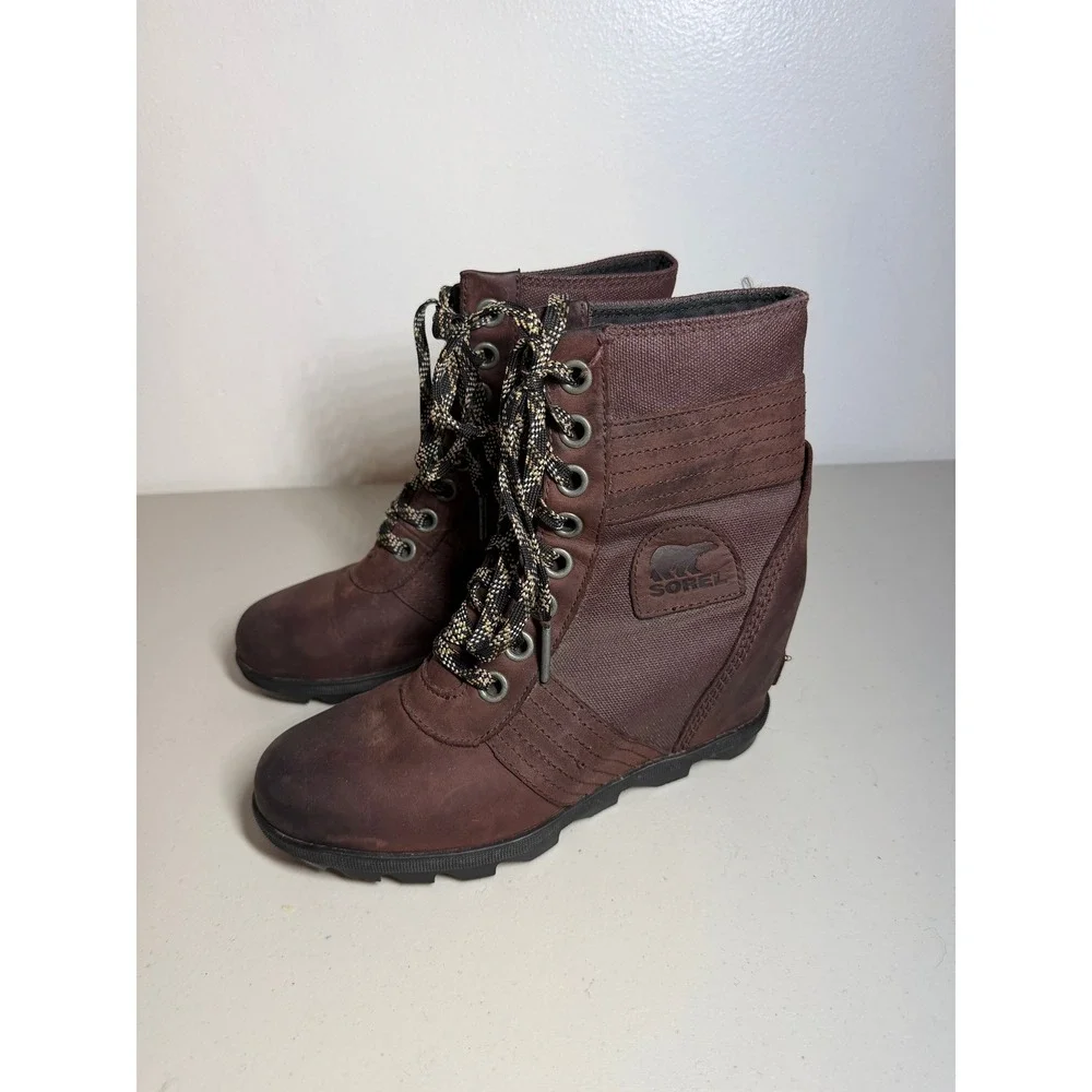 Sorel Joan of Arctic Wedge II Brown Genuine Leather Boots Womens 7.5